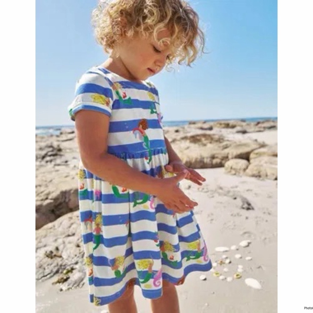 Mini Boden Kids' Print Cotton Jersey Dress Surf Blue Mermaid Stripe Size 5/6 - Picture 1 of 6